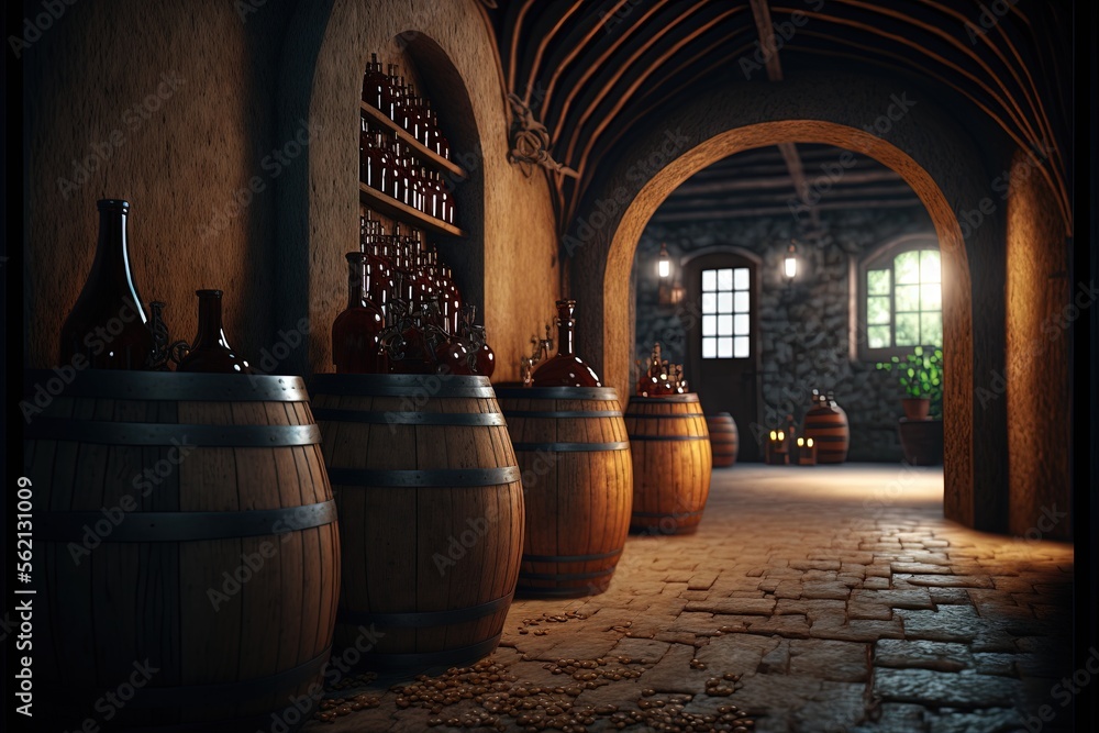 Aufkleber a room with a bunch of barrels and bottles on the floor and a window in the wall and a stone floor a