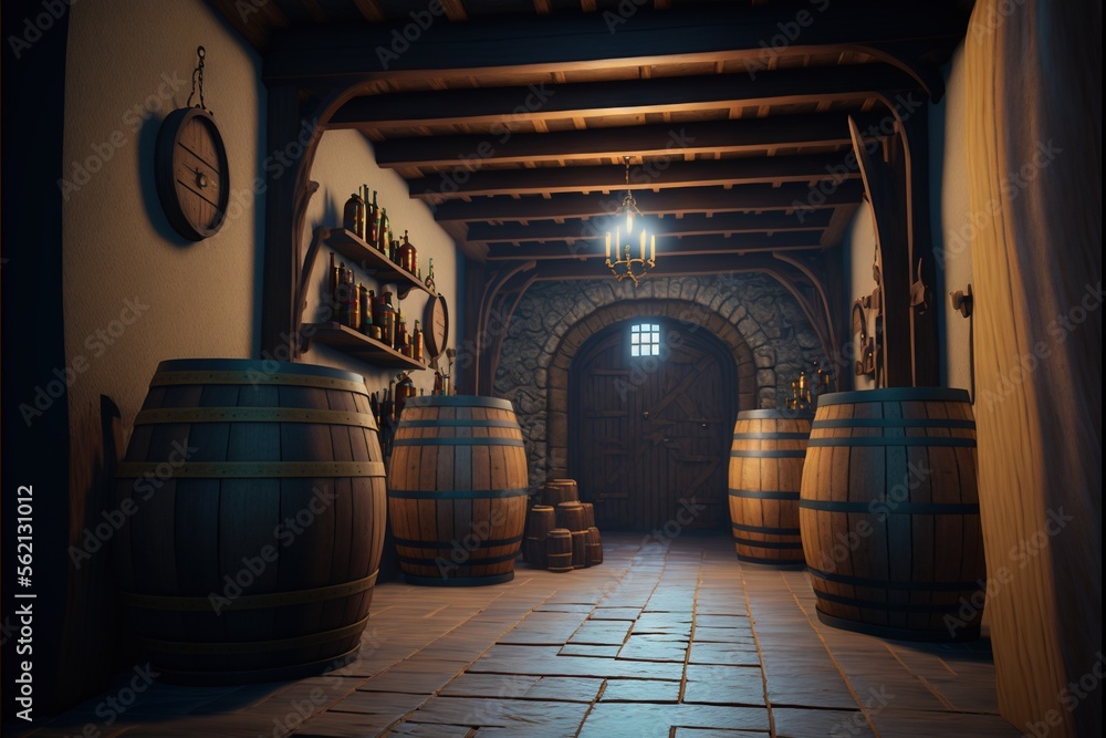 Aufkleber a room with a bunch of barrels and a clock on the wall and a clock on the wall above it and a clock 