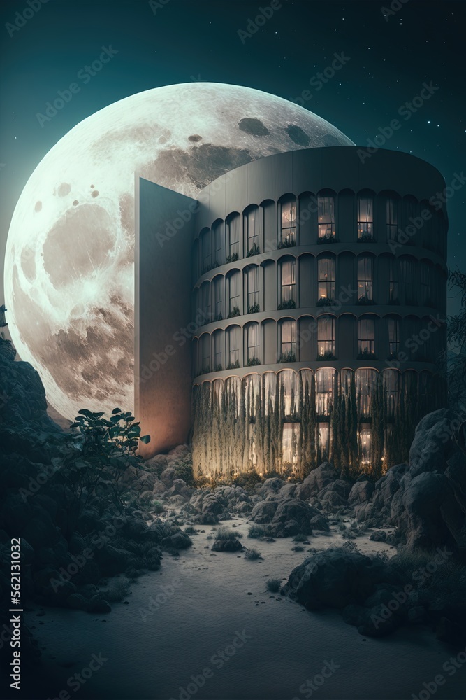 Poster a building with a large moon in the background and a tree in the foreground with a full moon in the 