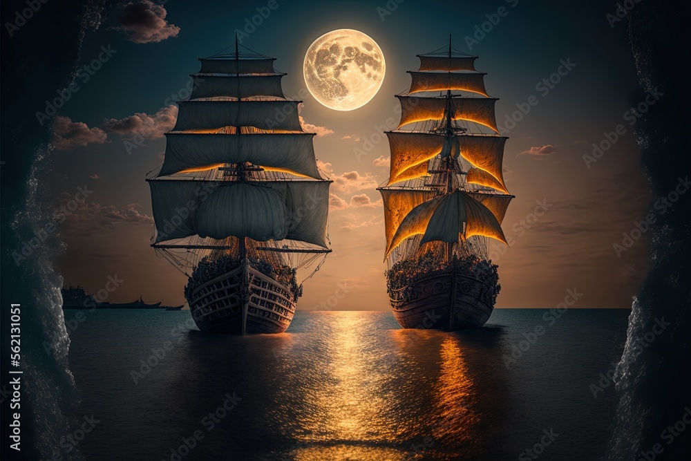 Aufkleber two ships in the ocean with a full moon in the background and a dark sky with clouds and a few cloud
