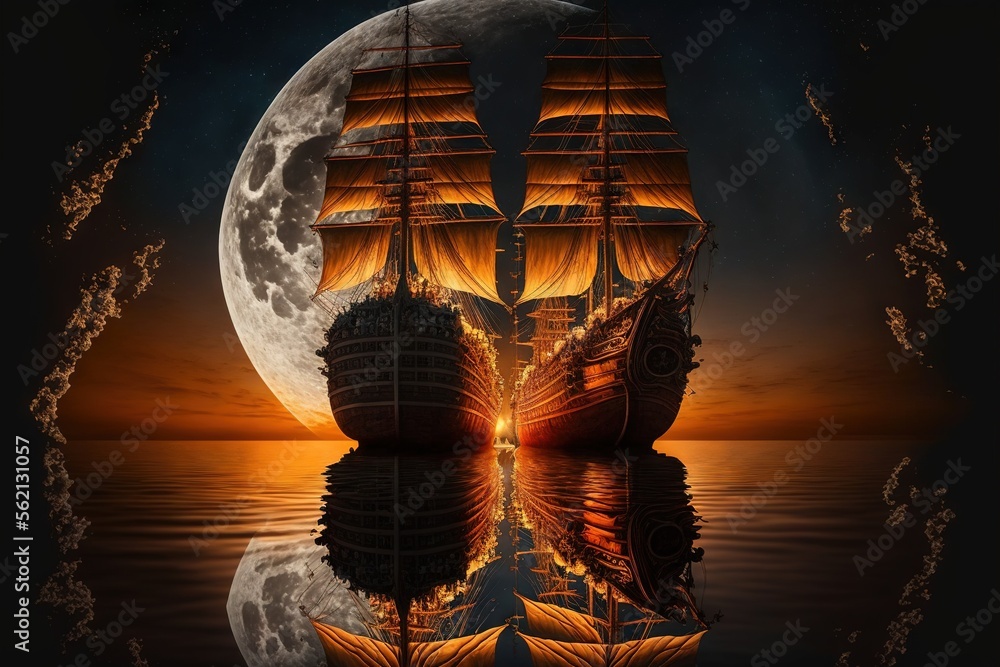 Poster a full moon and two ships in the water with a reflection of the moon in the water and the sky behind