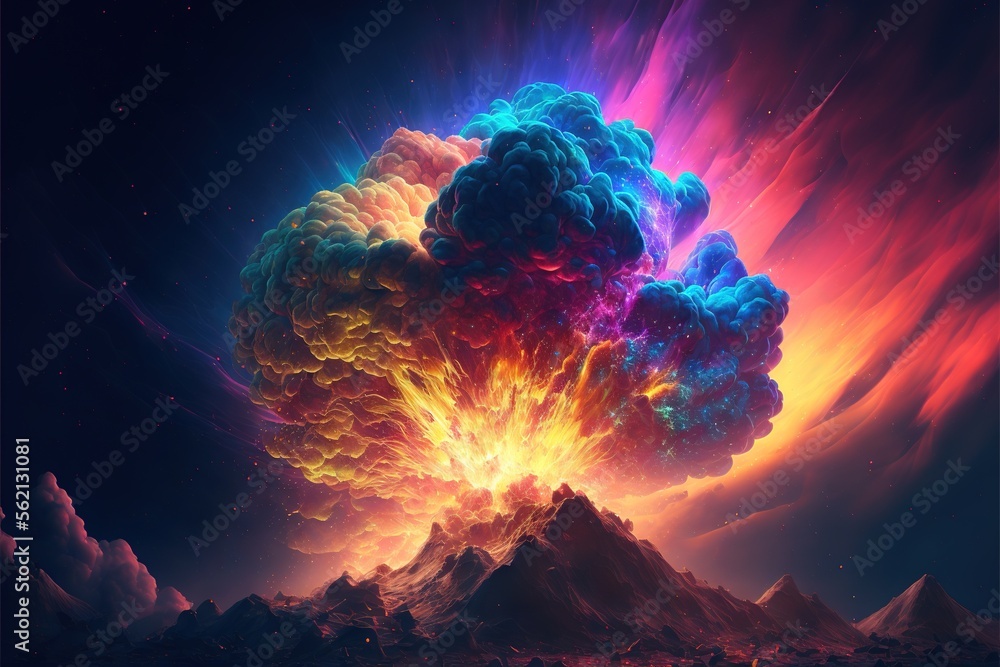 Aufkleber a colorful explosion of clouds and lava in the sky over a mountain range with a blue sky and red clo