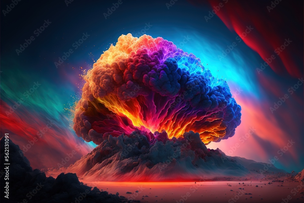 Poster a colorful cloud of smoke and water floating in the air over a mountain range with a blue sky and re
