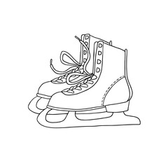 A pair of figure skates with laces. Black line outline drawing, vector, doodle. Inventory for spending time outdoors. Winter fun.