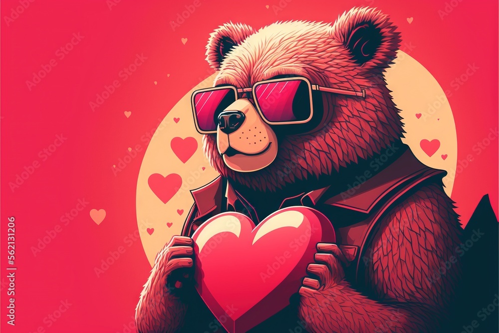 Poster a bear with sunglasses holding a heart shaped object in his hands and a full moon behind him with he