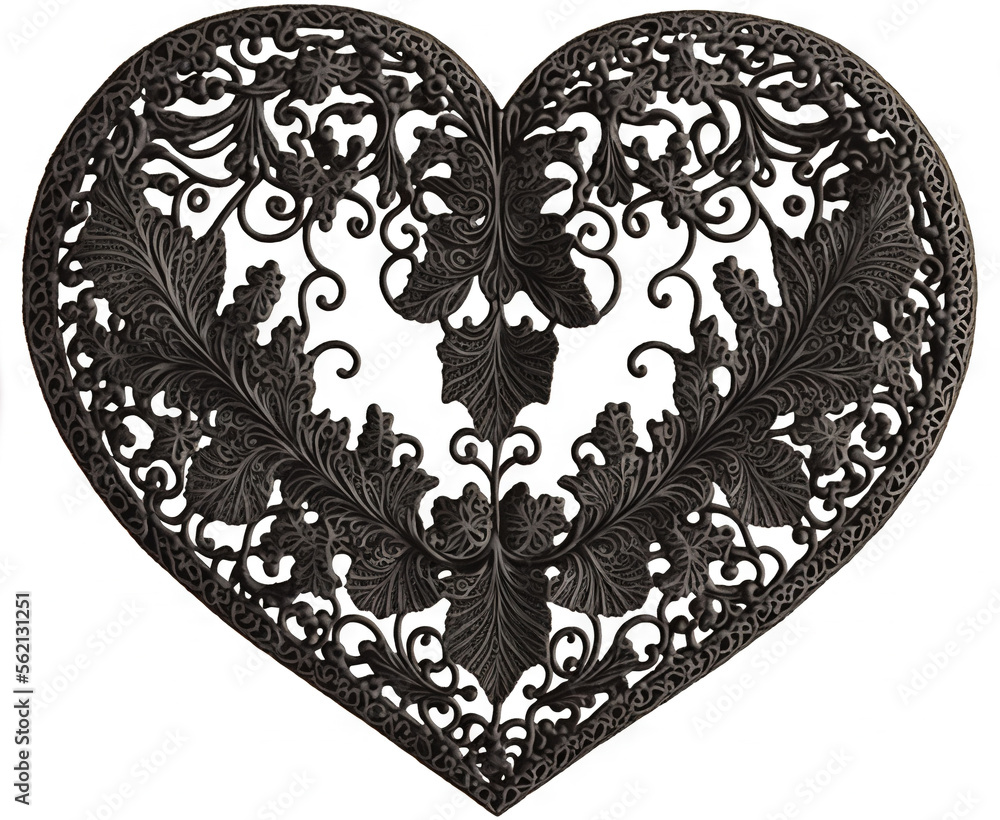 Poster a heart shaped metal object with a design on it's side and a shadow of a person standing in front of