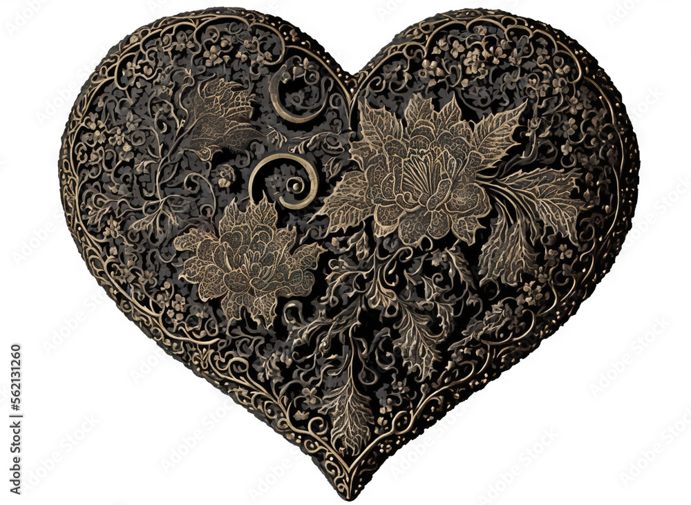 Poster a heart shaped object with a floral design on it's side and a spiral design on the inside of the hea