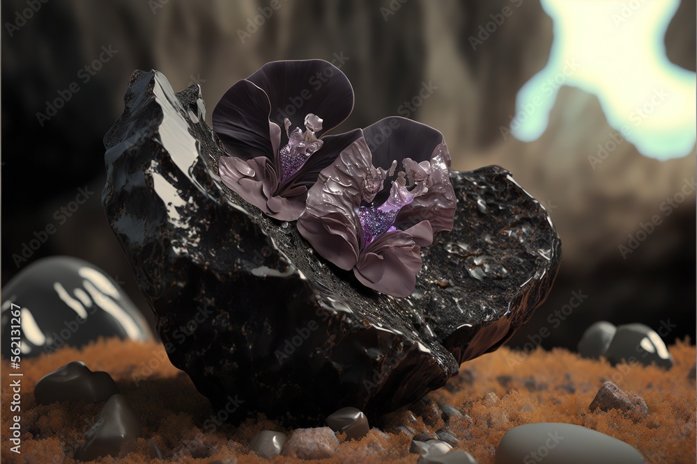 Poster a rock with a flower on top of it and some rocks around it with a sky background and a star in the s