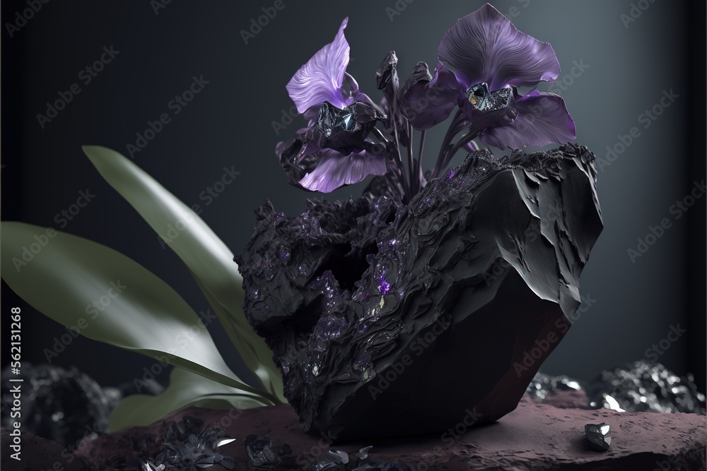 Aufkleber a rock with flowers growing out of it on a rock with rocks and leaves on it and a dark background wi