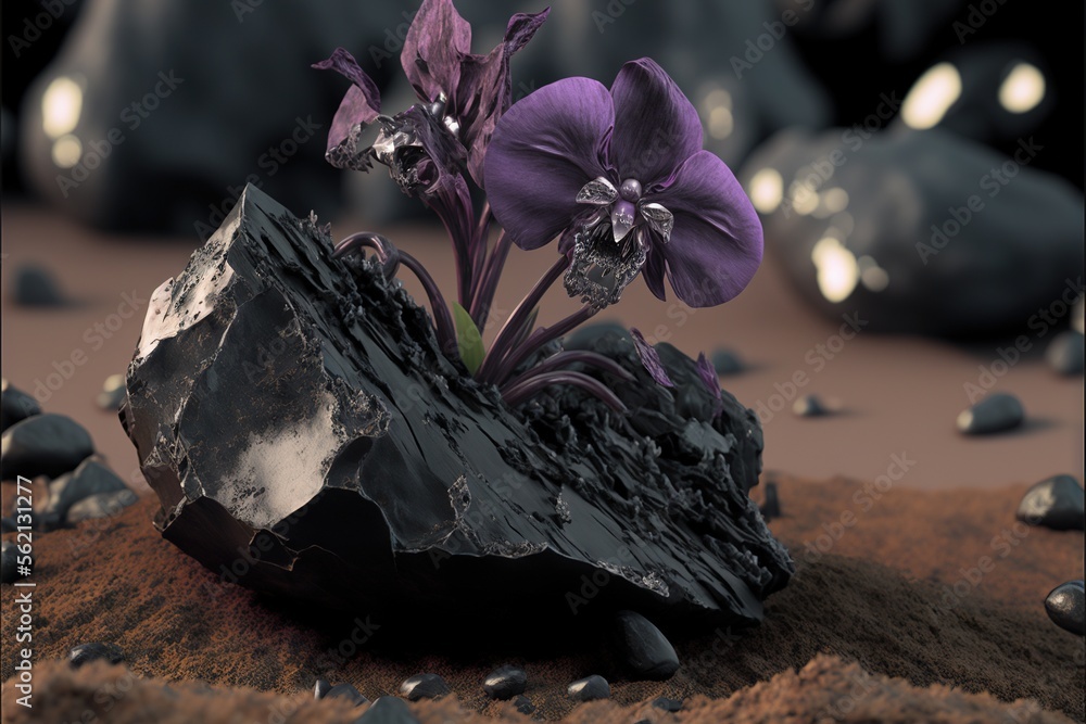 Poster a rock with a flower growing out of it on a table top with rocks and gravel around it and a black ro