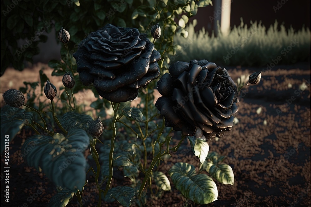 Aufkleber a black rose is in a garden with green leaves and a house in the background with a red door in the b