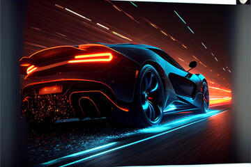 Obraz na płótnie Canvas Futuristic neon glowing car on a night highway, blurry lights. AI generated.