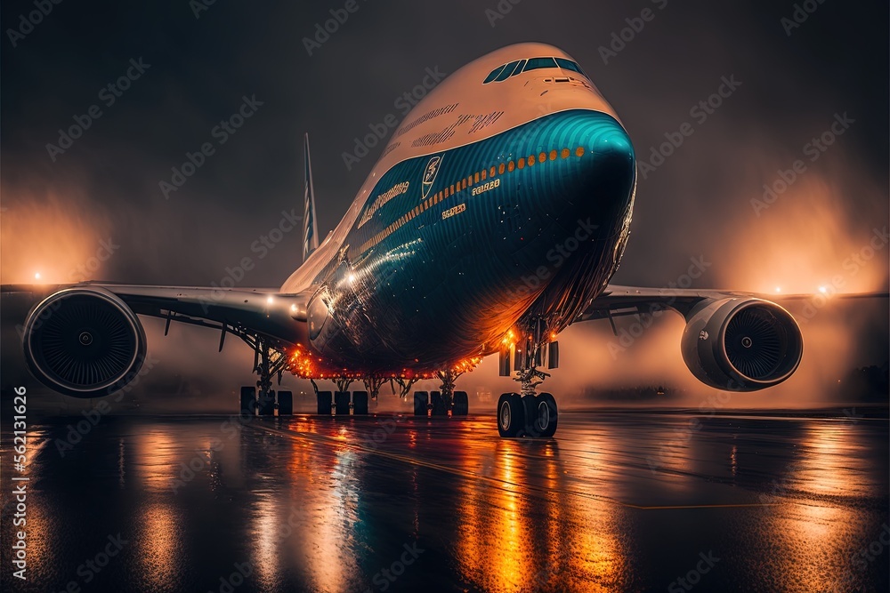 Poster a large jetliner sitting on top of an airport runway at night with fog in the air and lights on the 