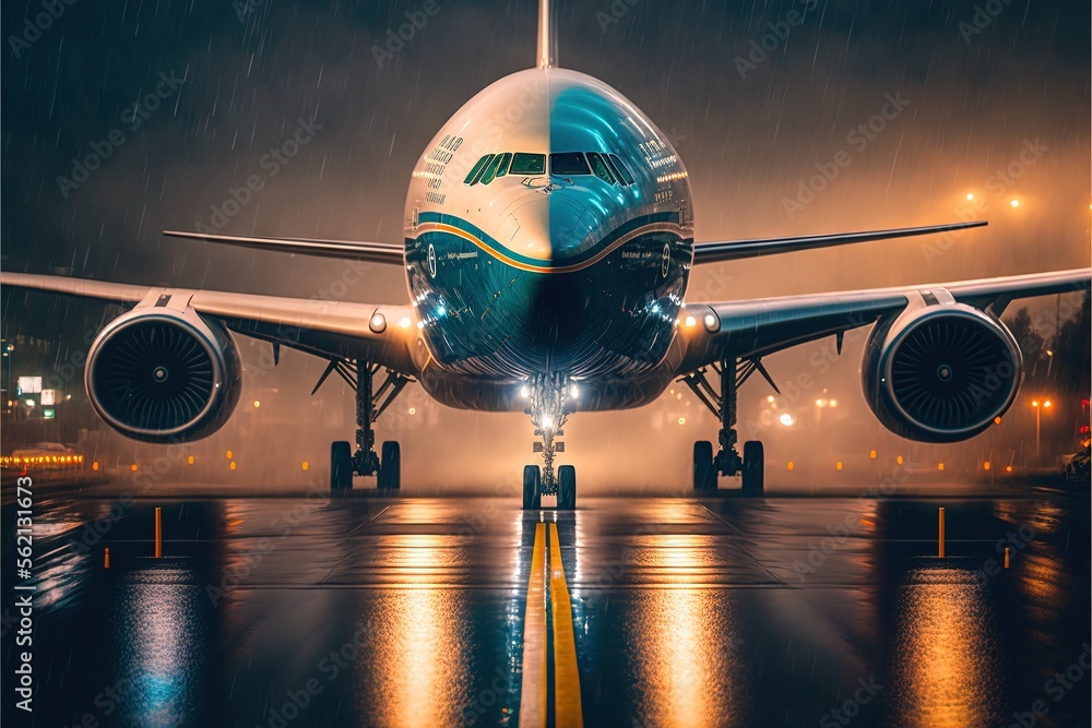 Poster a large jetliner sitting on top of an airport runway at night with rain falling on it's wings and li