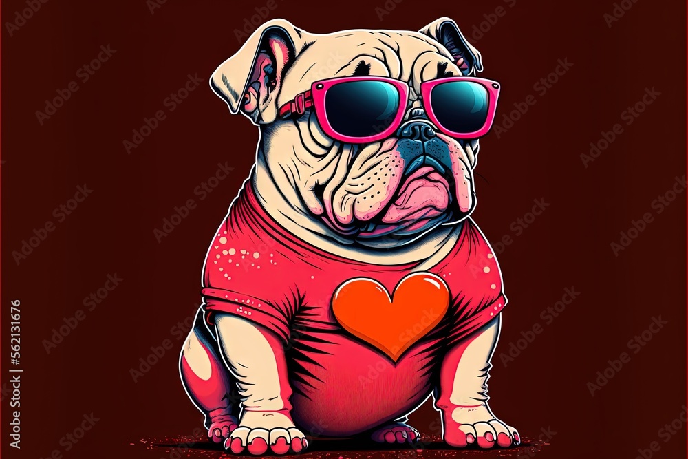 Aufkleber a dog wearing sunglasses and a t - shirt with a heart on it's chest, sitting on a red background wit