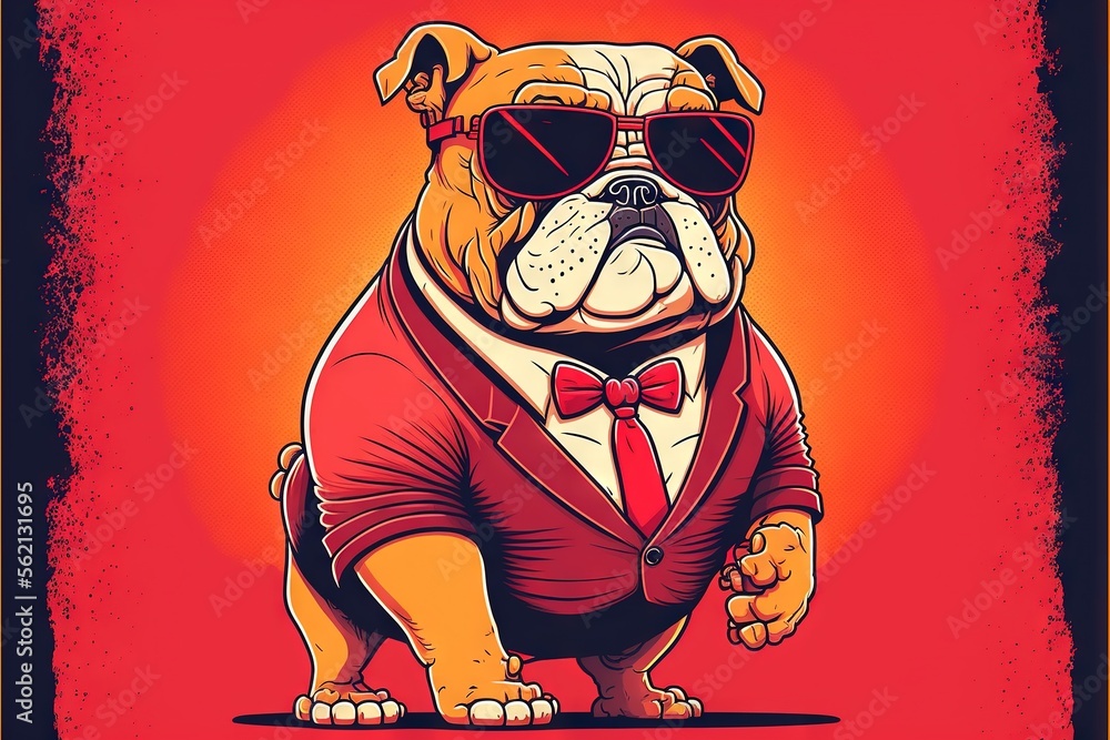 Poster a bulldog wearing a red suit and sunglasses with a red background and a red background with a red ba
