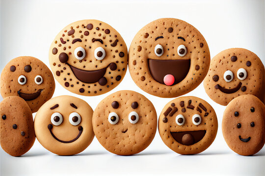 A family of funny cookies with smiling faces as a cheerful illustration of desserts and sweet pastries.