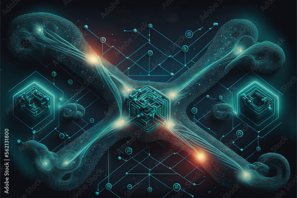 Poster a futuristic poster with a complex design and a glowing background that includes a maze and a glowin