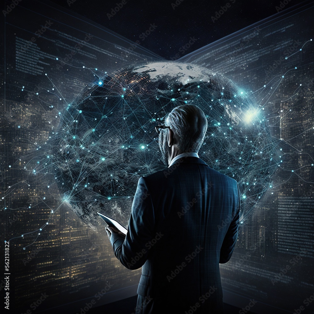 Poster a man in a suit looking at a digital image of a globe in the background with a phone in his hand and