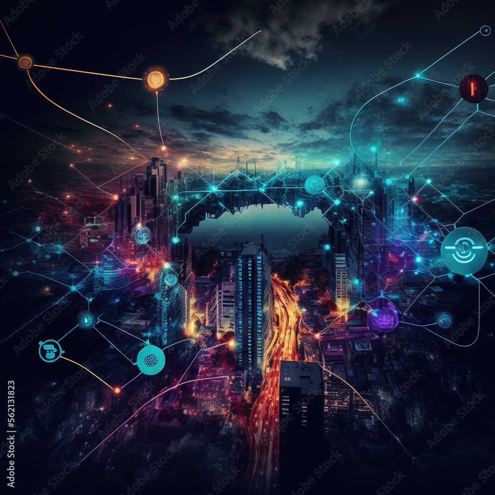 Poster a city with a lot of lights and lines of lights on it and a bridge in the middle of the picture with