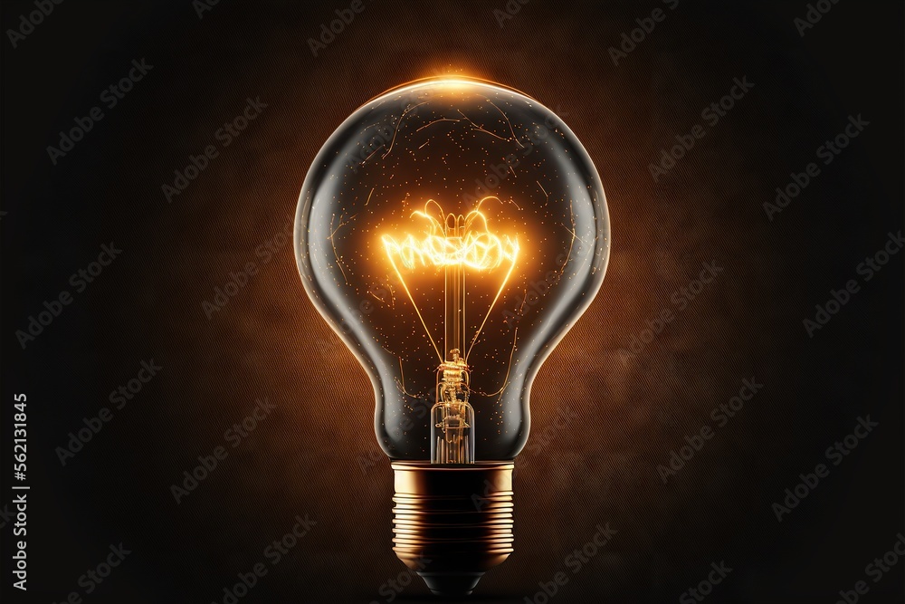 Poster a glowing light bulb with the word creativity inside it on a black background with a glowing light b