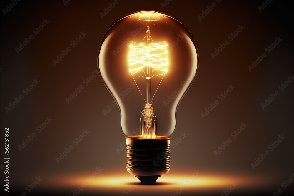 Poster a light bulb with a glowing light inside of it on a dark background with a reflection of a building 