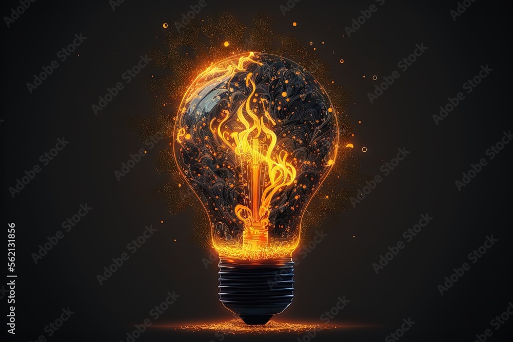 Poster a light bulb with a flame inside of it on a black background with a black background and a yellow fl