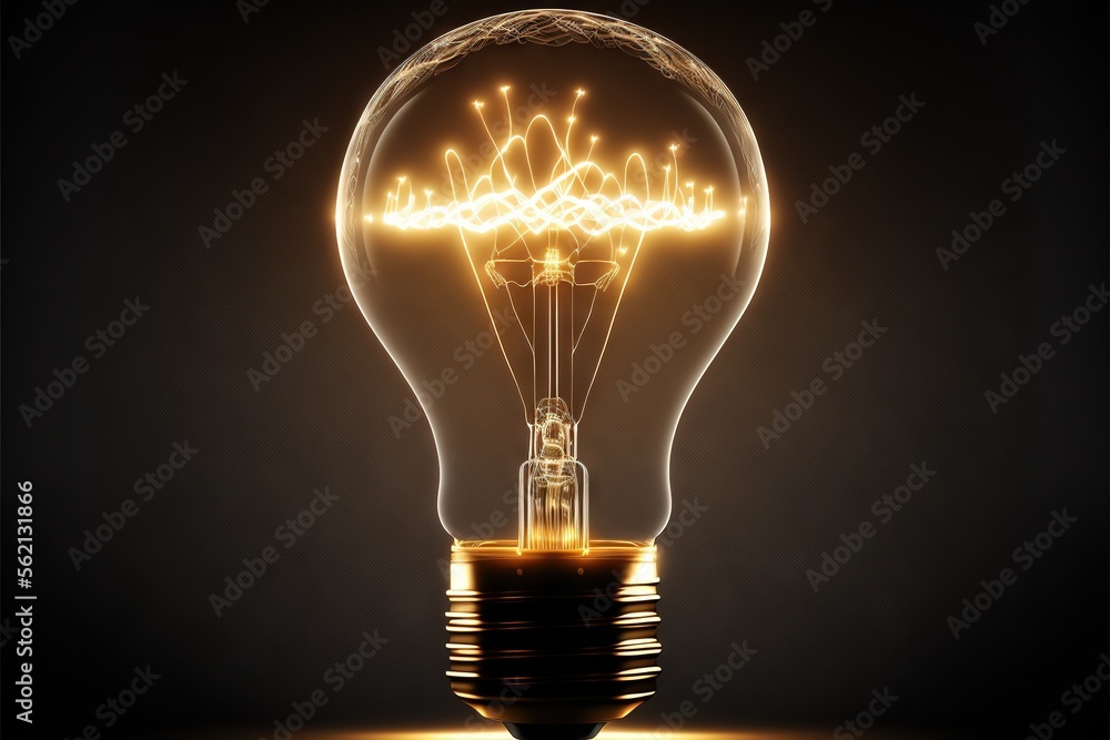 Poster a light bulb with a pattern of lights inside of it on a black background with a reflection of the li