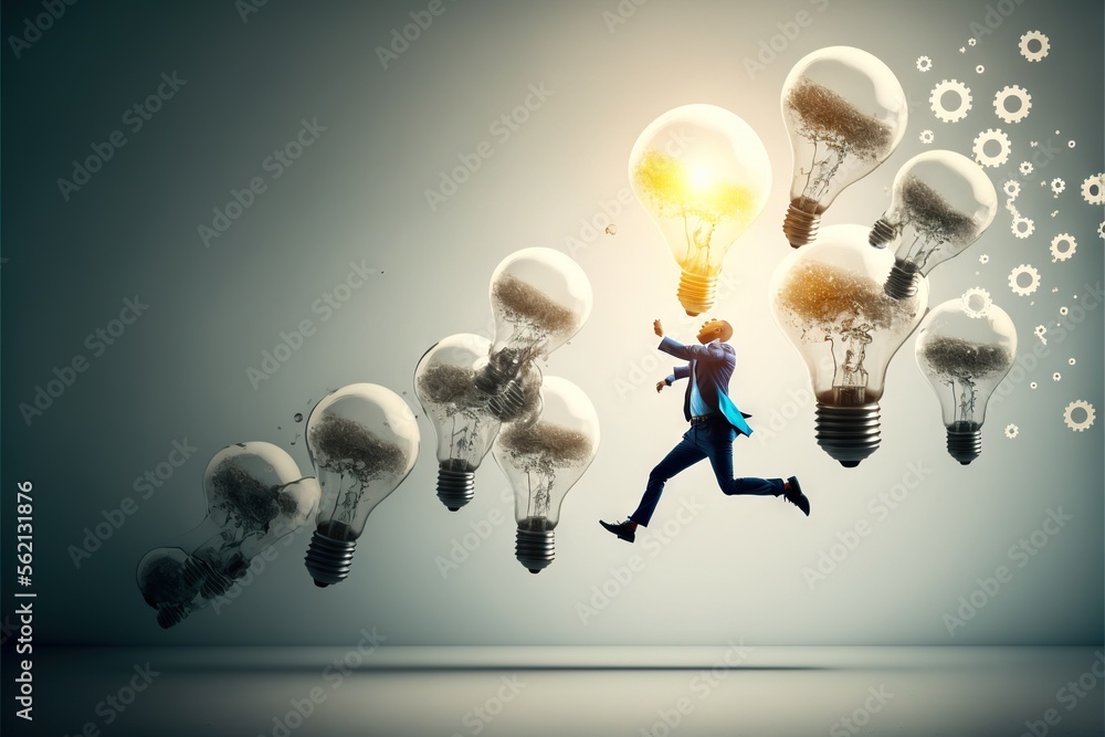 Poster a man running away from a bunch of light bulbs with a light bulb on top of them in the air, with a m