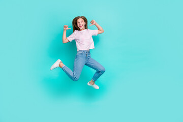 Full length photo of cool funky lady wear striped t-shirt pointing thumbs herself jumping high...