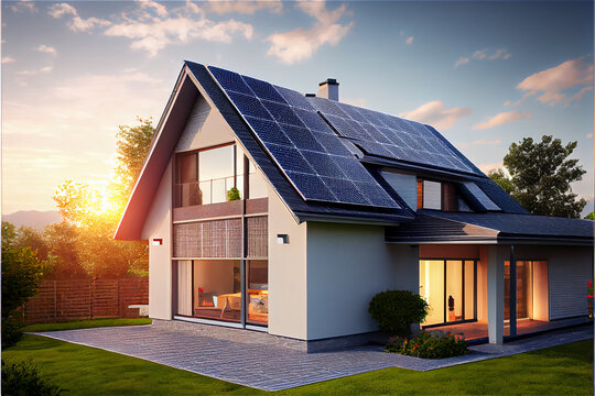 House with solar panels on the roof, ideal for sustainable energies backgrounds, generative AI