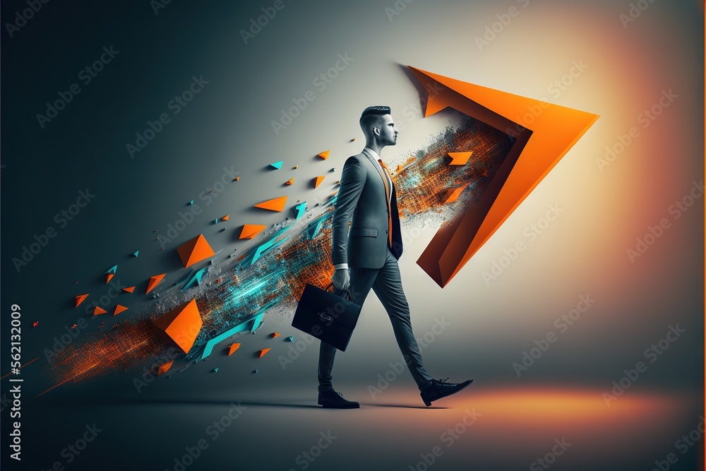 Poster a man in a suit is walking with an arrow in his hand and a city in the background with orange and bl