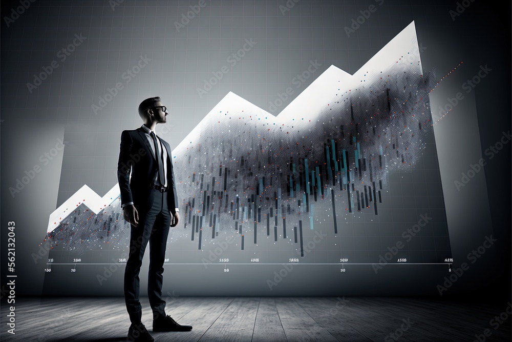 Poster a man in a suit standing in front of a graph bar chart with a downward arrow on it and a bar chart i