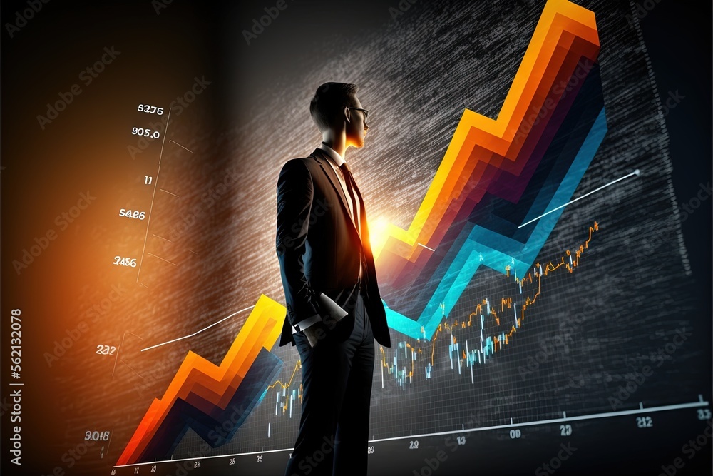Poster a man in a suit standing in front of a chart with arrows pointing up to the top of it and a bar char