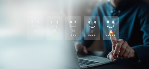 Customer services best excellent business rating experience. Satisfaction survey concept. user give rating to service experience on online application .