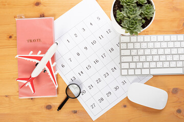 Planner Calendar and agenda reminders, work from home.  for plan daily meeting and note holiday trip in diary at office desk. 2023 calendar reminder concept.