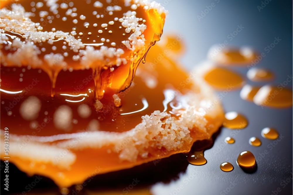 Poster a spoon is dripping honey onto a piece of bread with a bite taken out of it and on a plate with a bl