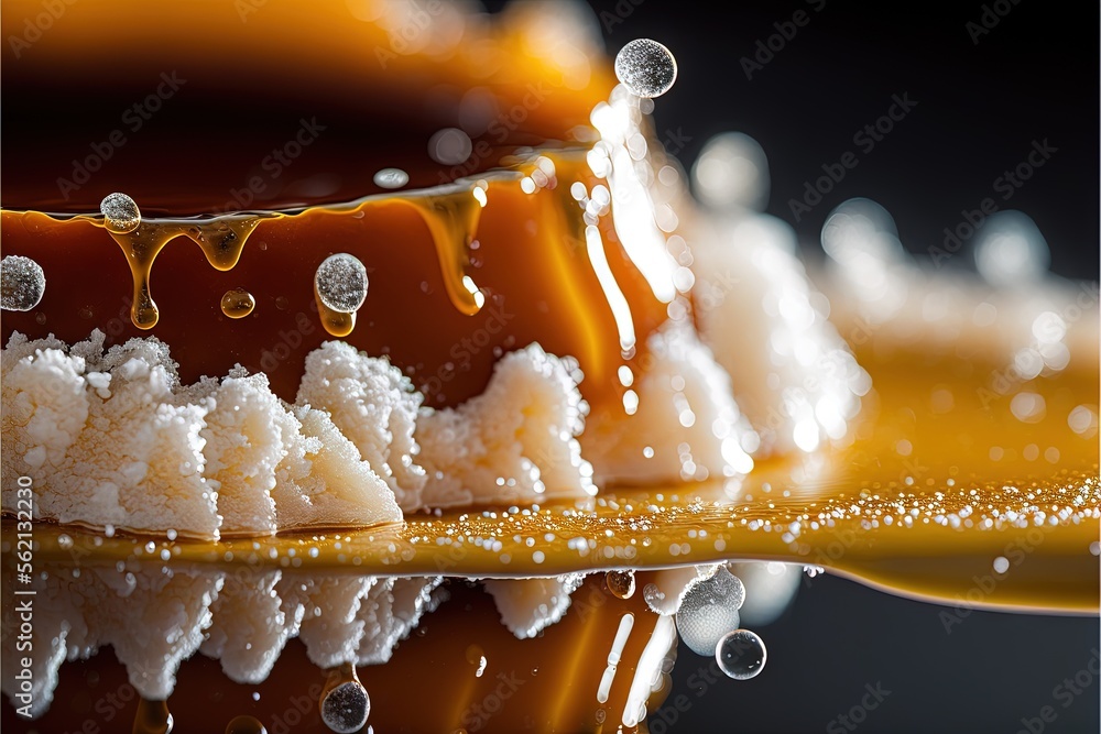 Poster a close up of a cake with water droplets on it and a black background with a reflection of the cake 