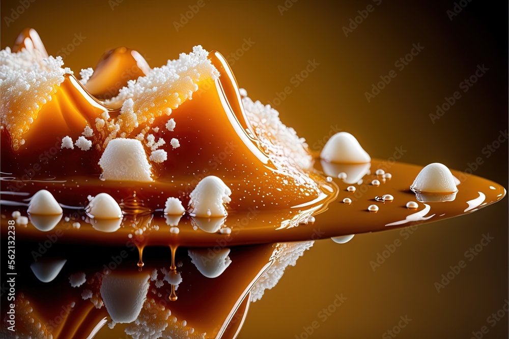 Poster a chocolate dessert with white sugar on top of it and a spoon with liquid on it and a reflection of 