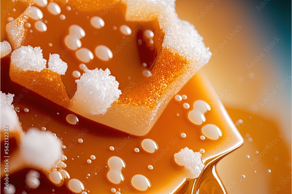 Poster a close up of a liquid and food item with bubbles on it and a spoon in the foreground with a blue ba