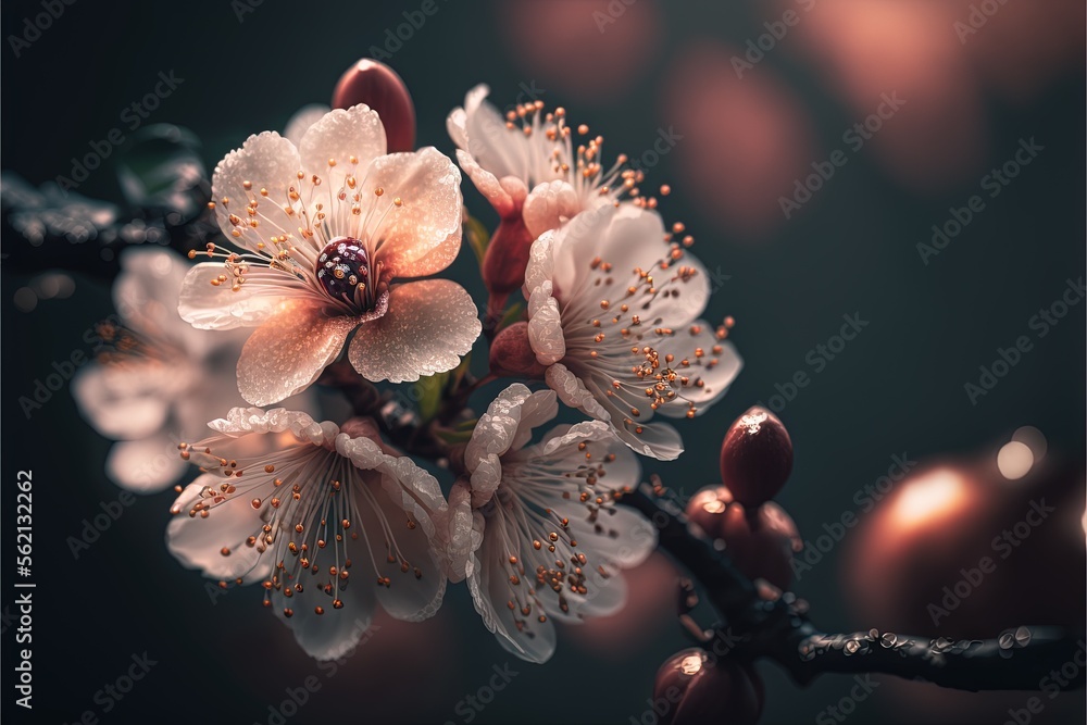 Poster a branch with flowers and leaves on it with water droplets on it and a blurry background of the bran