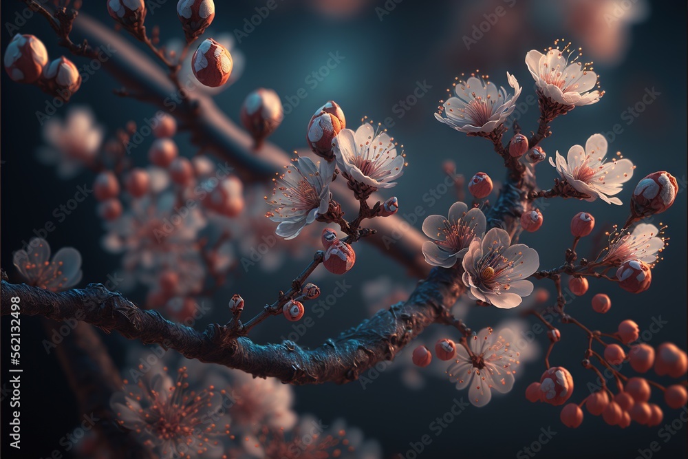 Aufkleber a branch with flowers and buds on it with a blue background and a blurry background behind it is a d