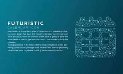 Blue futuristic calendar icon concept with polygon node connected dots and neon effect