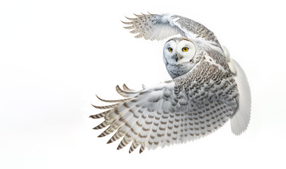 The snowy owl, white background, also known as the Polar, and the Arctic owl it is a large, white bird.  Female owl in flight on white background. Image was created with digital art 