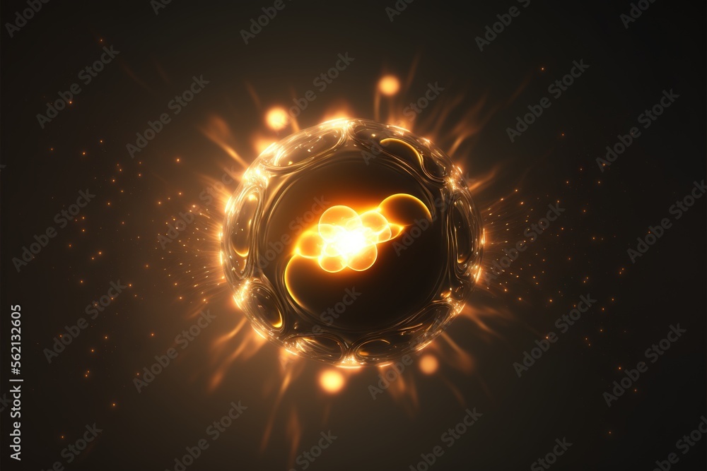 Poster a shiny gold object with a glowing light around it and a black background with a yellow circle with 