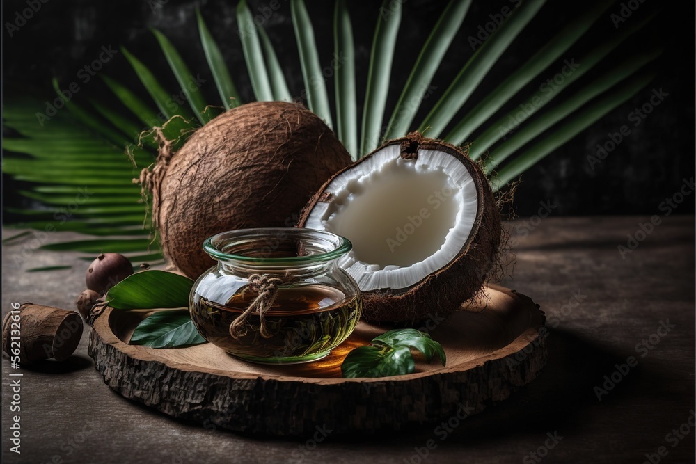 Poster  a coconut and a jar of coconut oil on a wooden board with leaves and a palm leaf in the background on a dark background with a dark background with a spot of light from the., generative ai