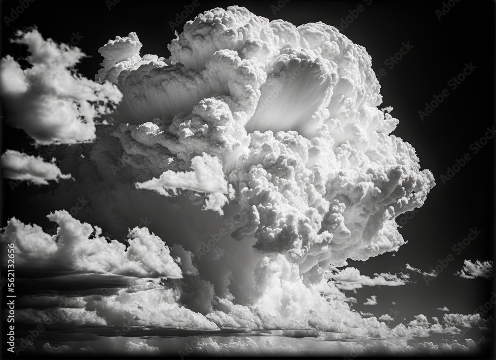 Poster a large cloud of smoke and steam rises in the sky above a field of grass and trees in black and whit