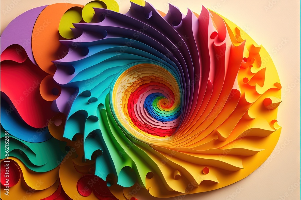 Poster a colorful spiral of paper with a white background and a blue border around it and a white backgroun