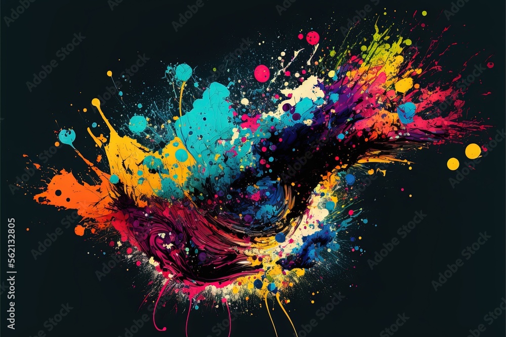 Poster a colorful abstract background with paint splatters and drops of paint on a black background with a 