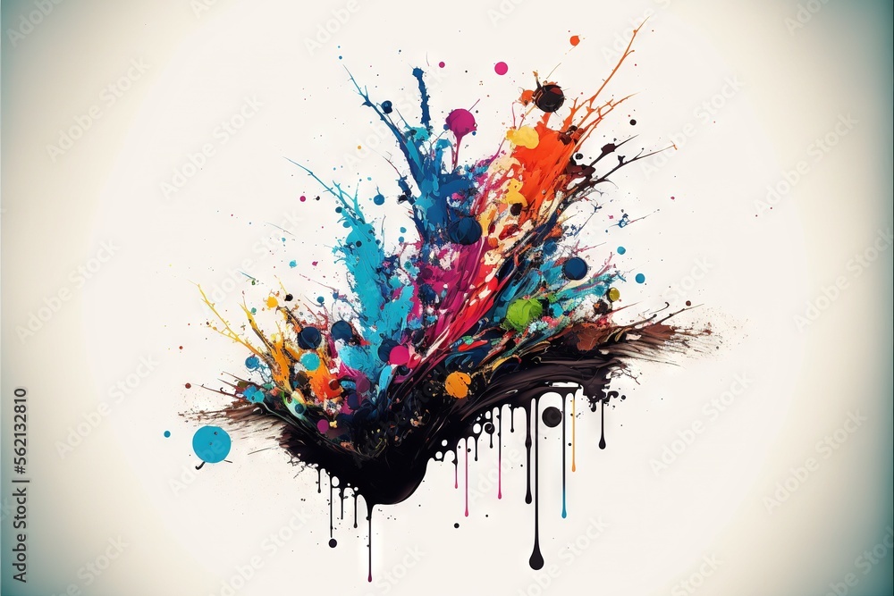 Poster a colorful abstract painting of a bird with paint splatters on it's head and body, with a white back
